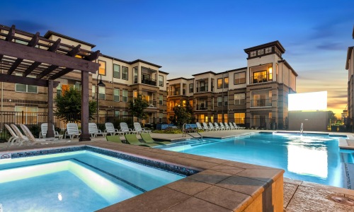 a swimming pool in a resort