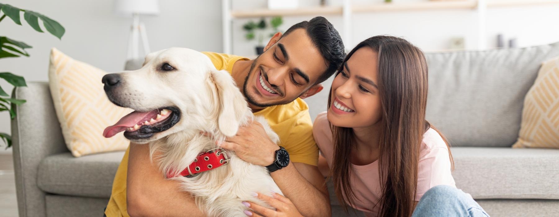 a man and woman holding a dog